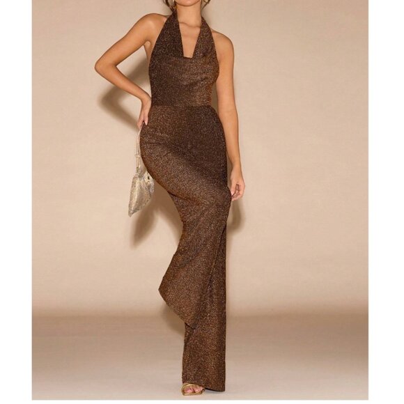 Minimalist Metallic Draped Neck Wide Leg Jumpsuit - Picture 4 of 6
